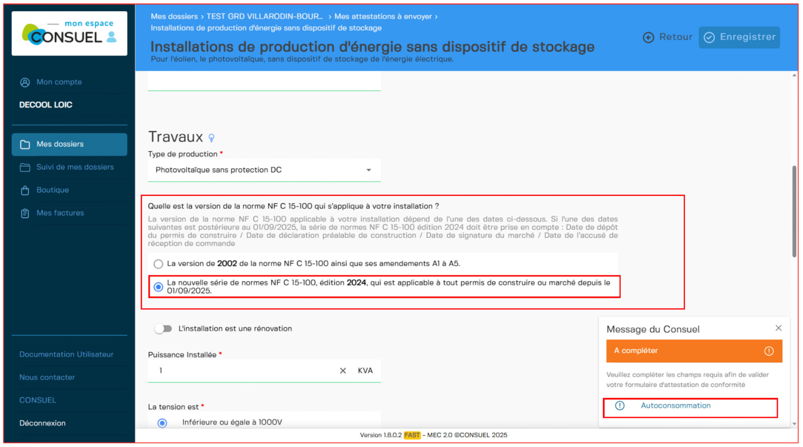 AC Bleue CONSUEL Installation PV et IRVE en V2G